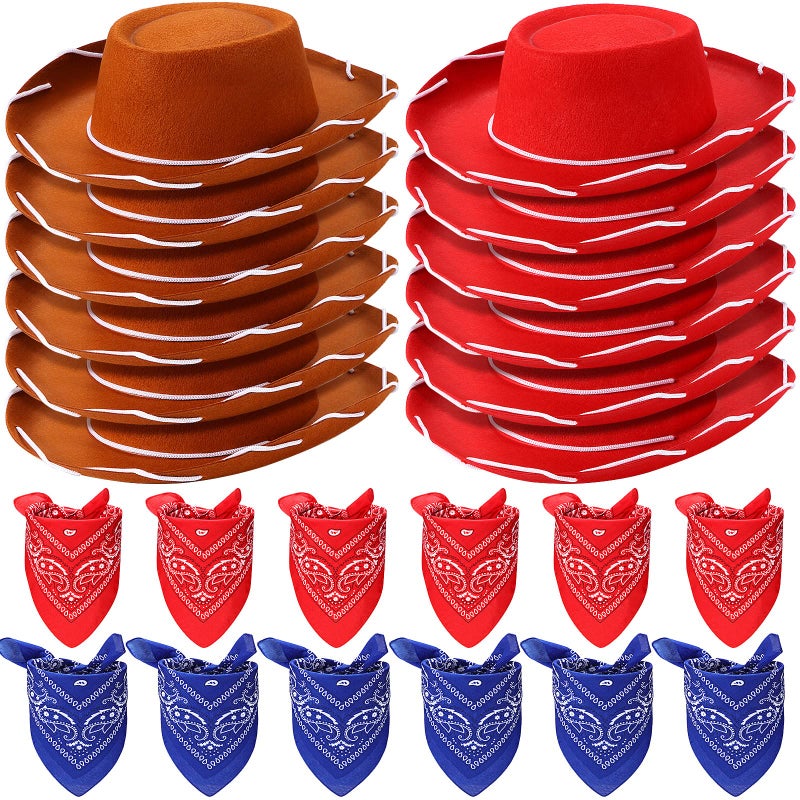 Coume 24 Pieces Cowboy Hats and Bandanas for Kids Western Cowboy Costume Hat Accessories for Toddler Child Western Theme Birthday Party Supplies Halloween Costume Dress(Brown  Red) - Image 1